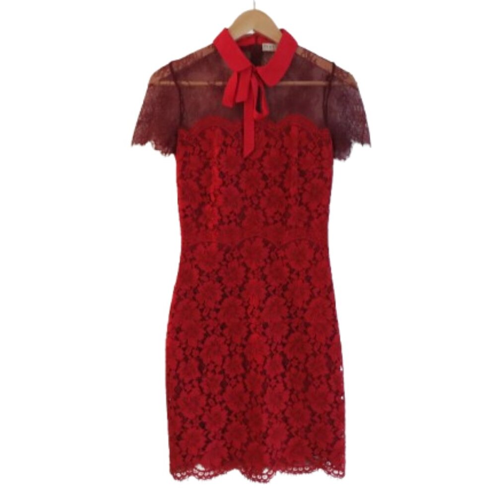 SANDRO Rozen Two Tone Red Guipure Lace Scalloped Hem Dress Academia - Size 1 / S